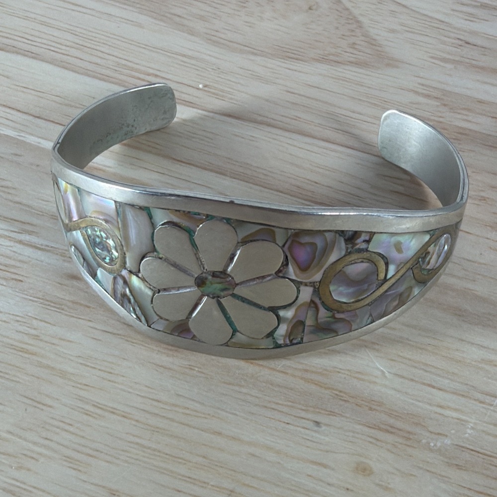 Vintage Alpaca Silver Wide Cuff Bracelet Green Pink Flower Mexico Abalone Inlay